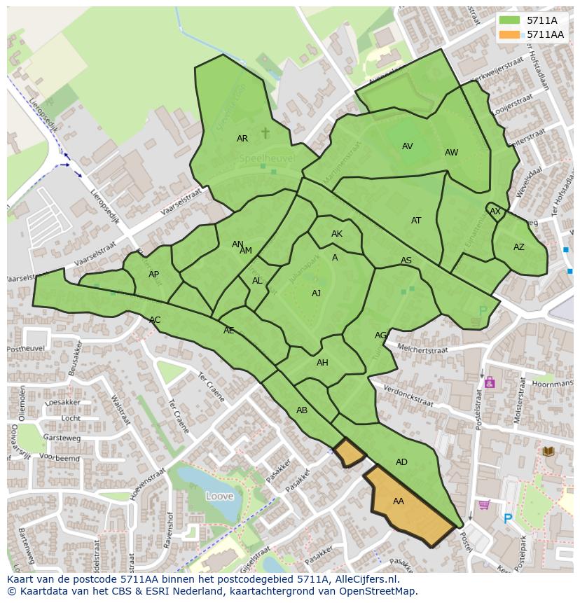 Afbeelding van het postcodegebied 5711 AA op de kaart.
