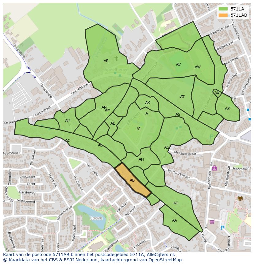 Afbeelding van het postcodegebied 5711 AB op de kaart.