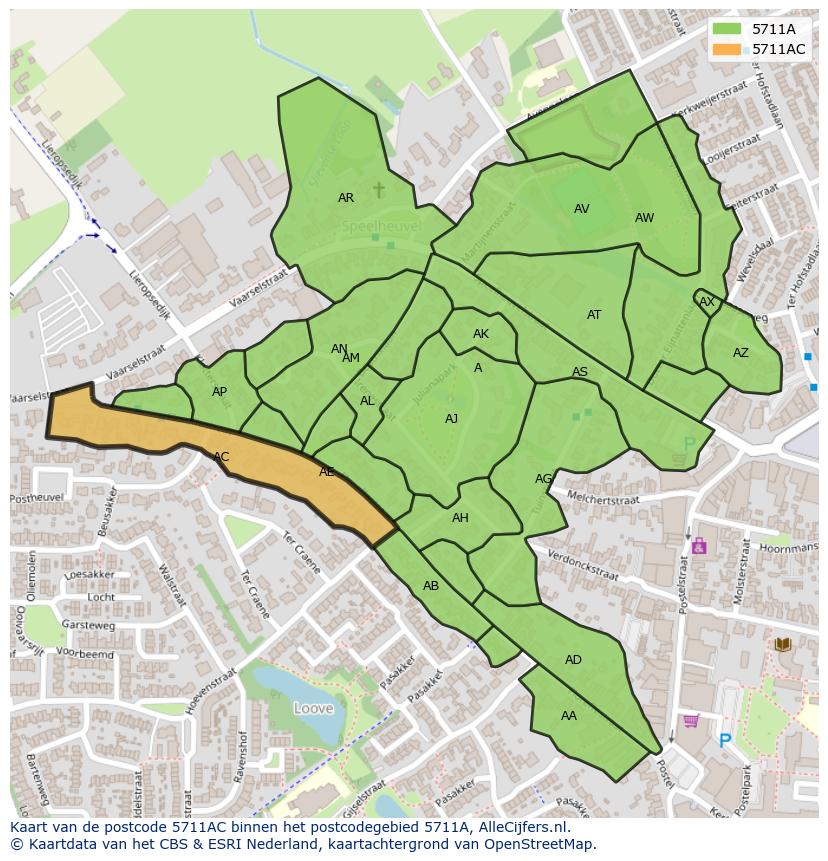 Afbeelding van het postcodegebied 5711 AC op de kaart.