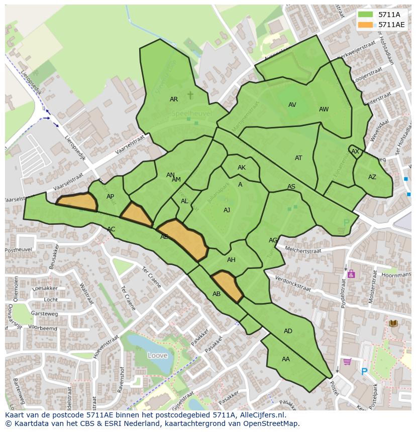 Afbeelding van het postcodegebied 5711 AE op de kaart.