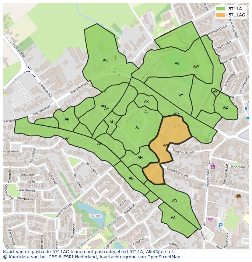Afbeelding van het postcodegebied 5711 AG op de kaart.