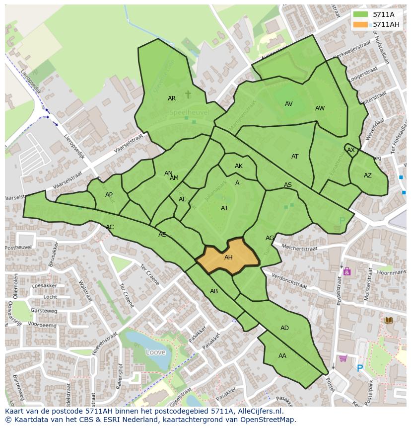 Afbeelding van het postcodegebied 5711 AH op de kaart.