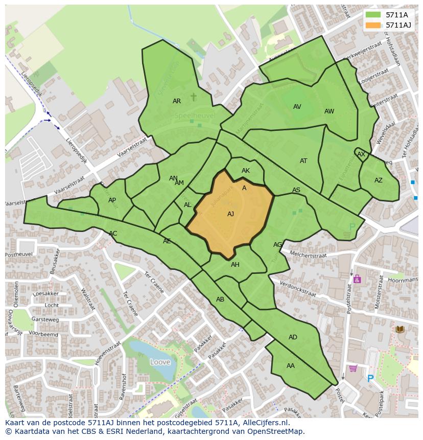 Afbeelding van het postcodegebied 5711 AJ op de kaart.