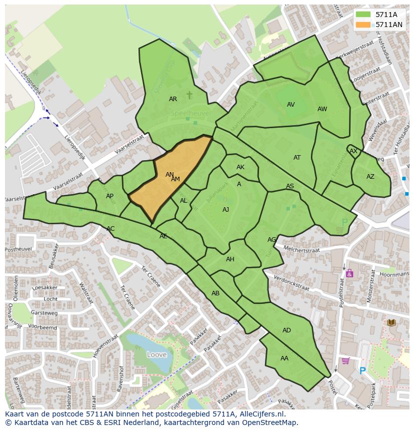 Afbeelding van het postcodegebied 5711 AN op de kaart.