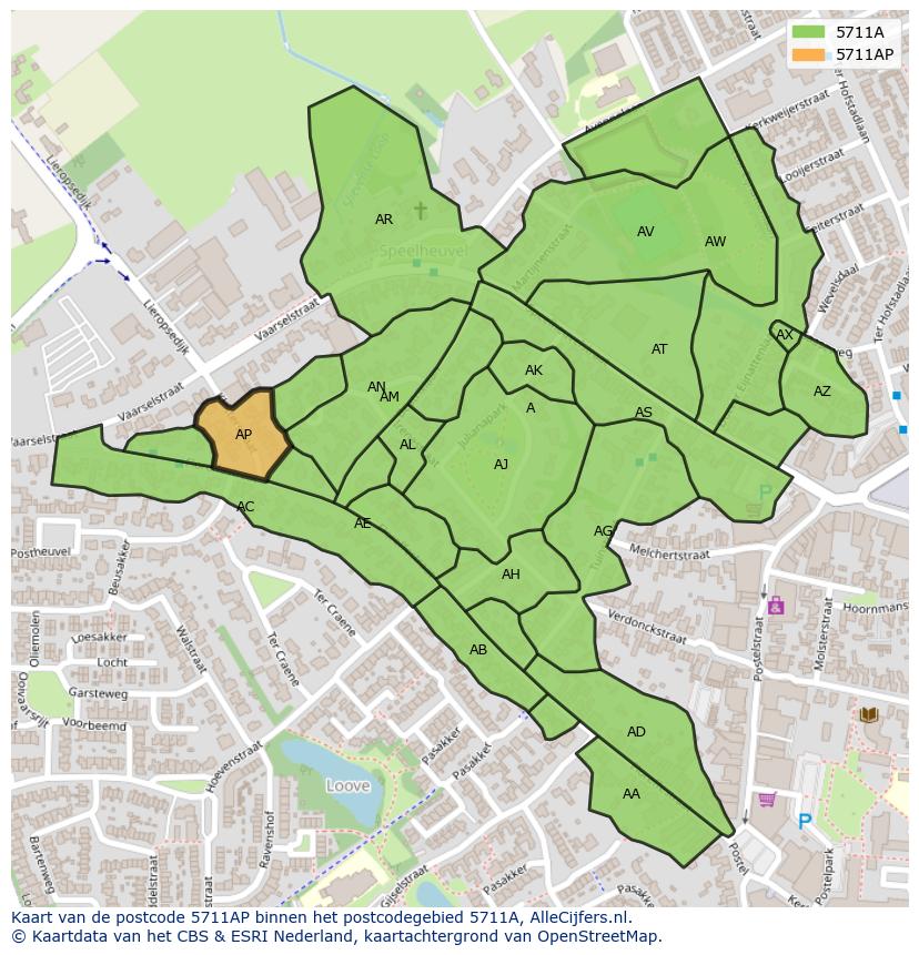 Afbeelding van het postcodegebied 5711 AP op de kaart.