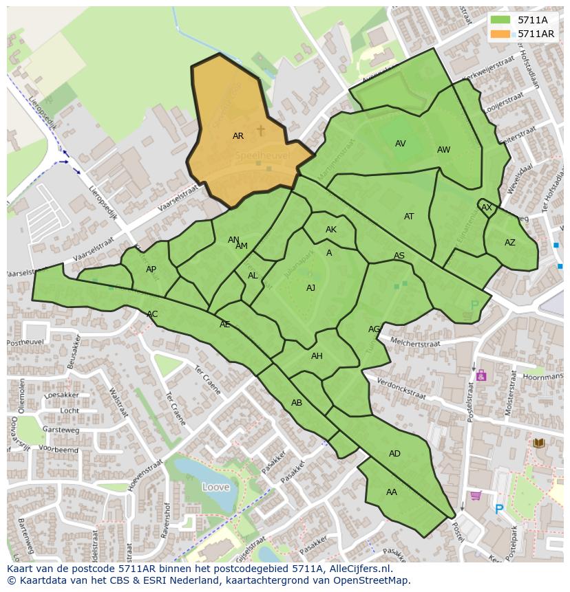 Afbeelding van het postcodegebied 5711 AR op de kaart.