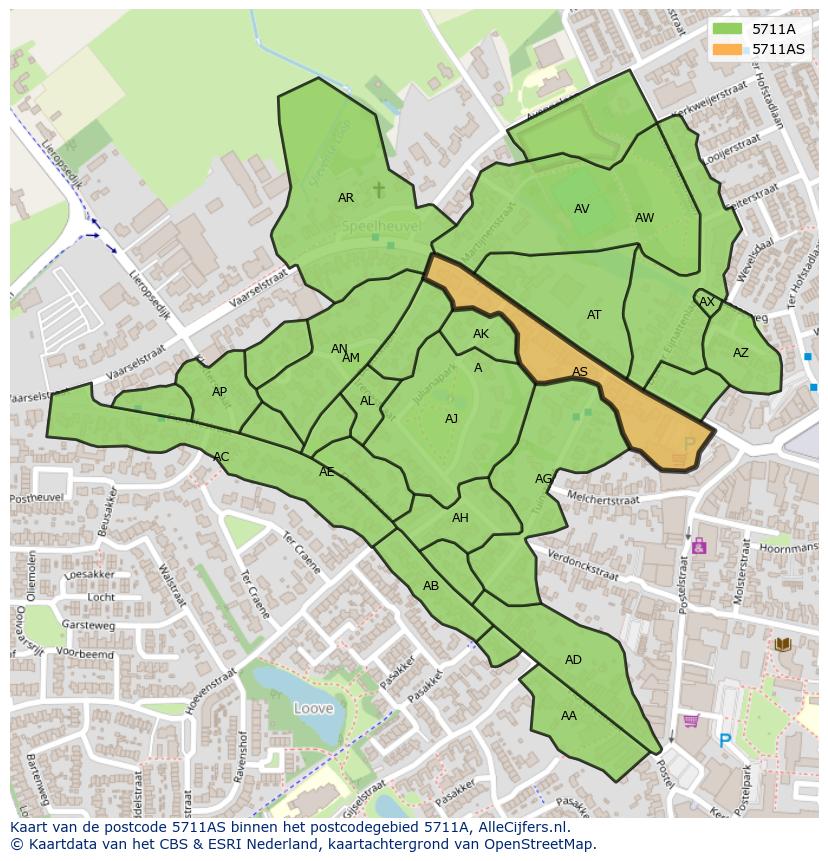 Afbeelding van het postcodegebied 5711 AS op de kaart.