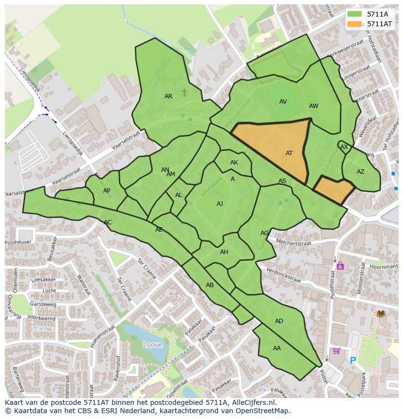 Afbeelding van het postcodegebied 5711 AT op de kaart.
