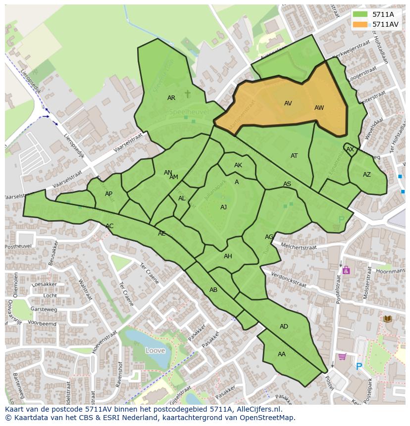 Afbeelding van het postcodegebied 5711 AV op de kaart.