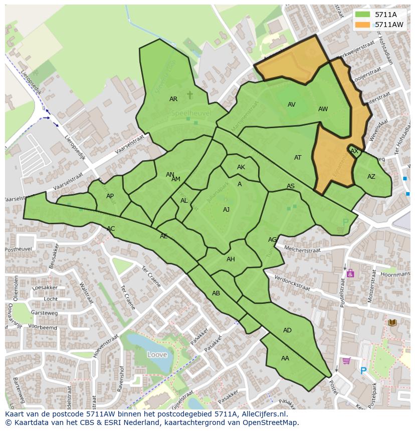 Afbeelding van het postcodegebied 5711 AW op de kaart.
