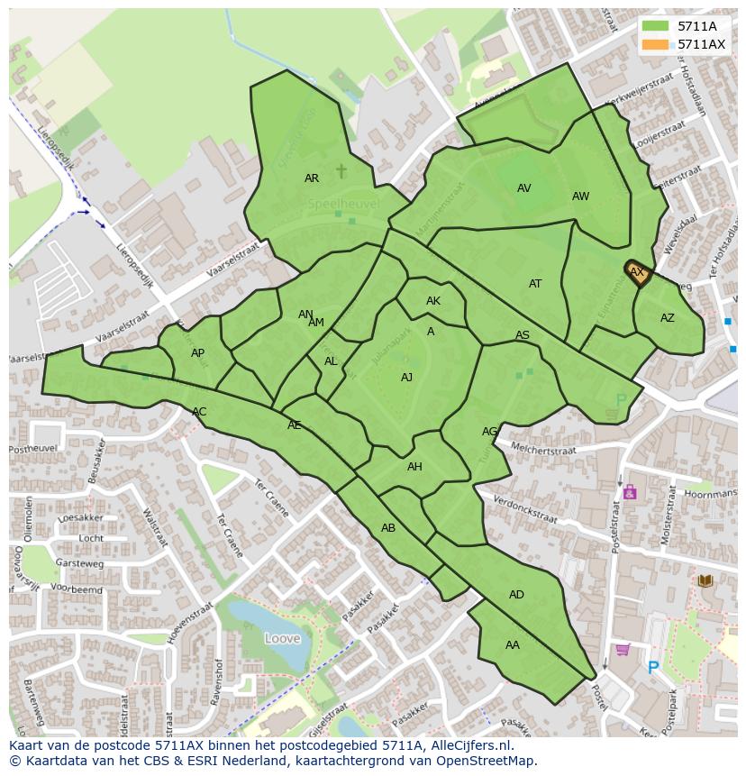 Afbeelding van het postcodegebied 5711 AX op de kaart.