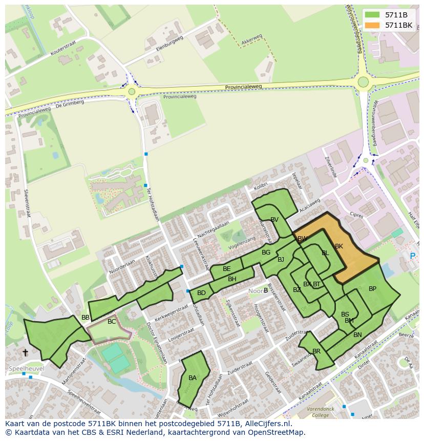 Afbeelding van het postcodegebied 5711 BK op de kaart.
