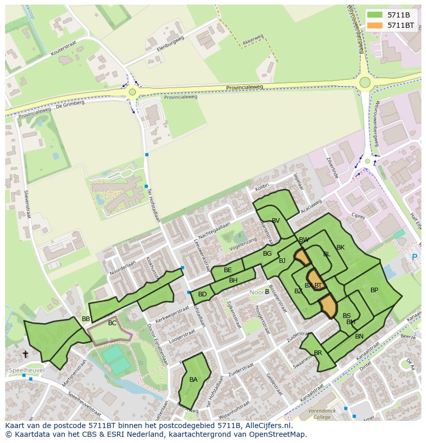 Afbeelding van het postcodegebied 5711 BT op de kaart.
