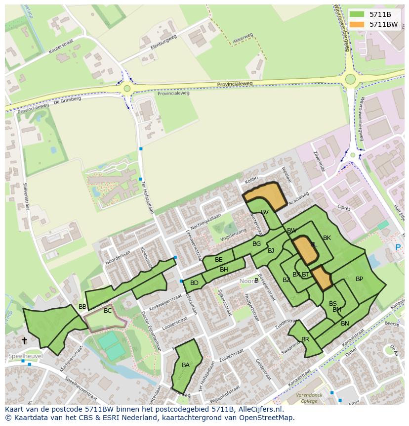 Afbeelding van het postcodegebied 5711 BW op de kaart.