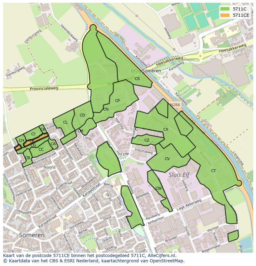 Afbeelding van het postcodegebied 5711 CE op de kaart.