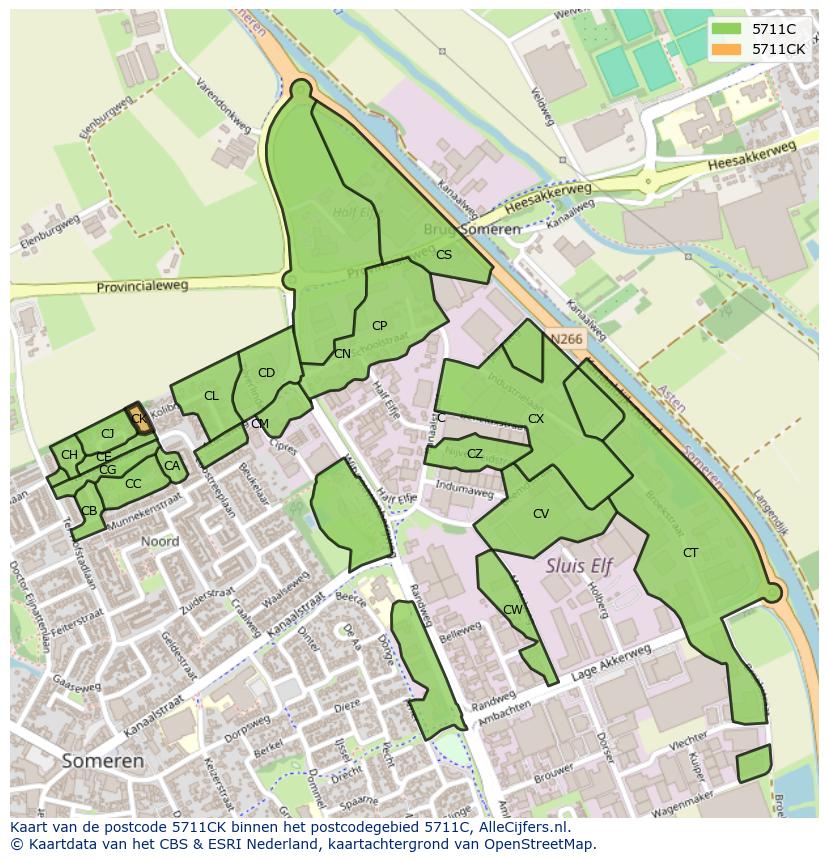 Afbeelding van het postcodegebied 5711 CK op de kaart.