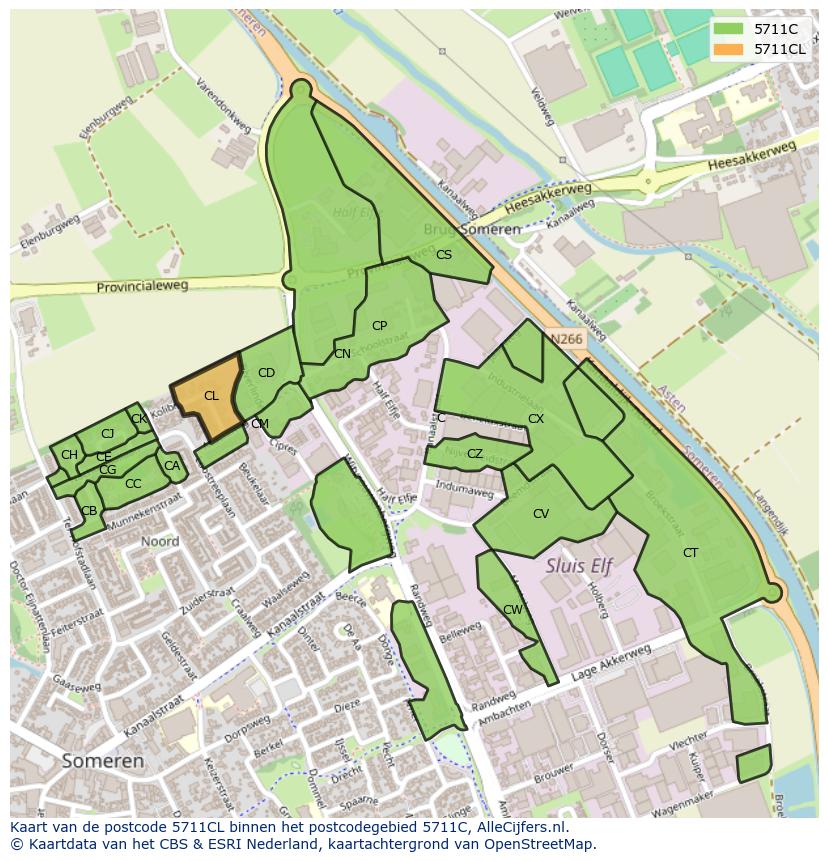 Afbeelding van het postcodegebied 5711 CL op de kaart.