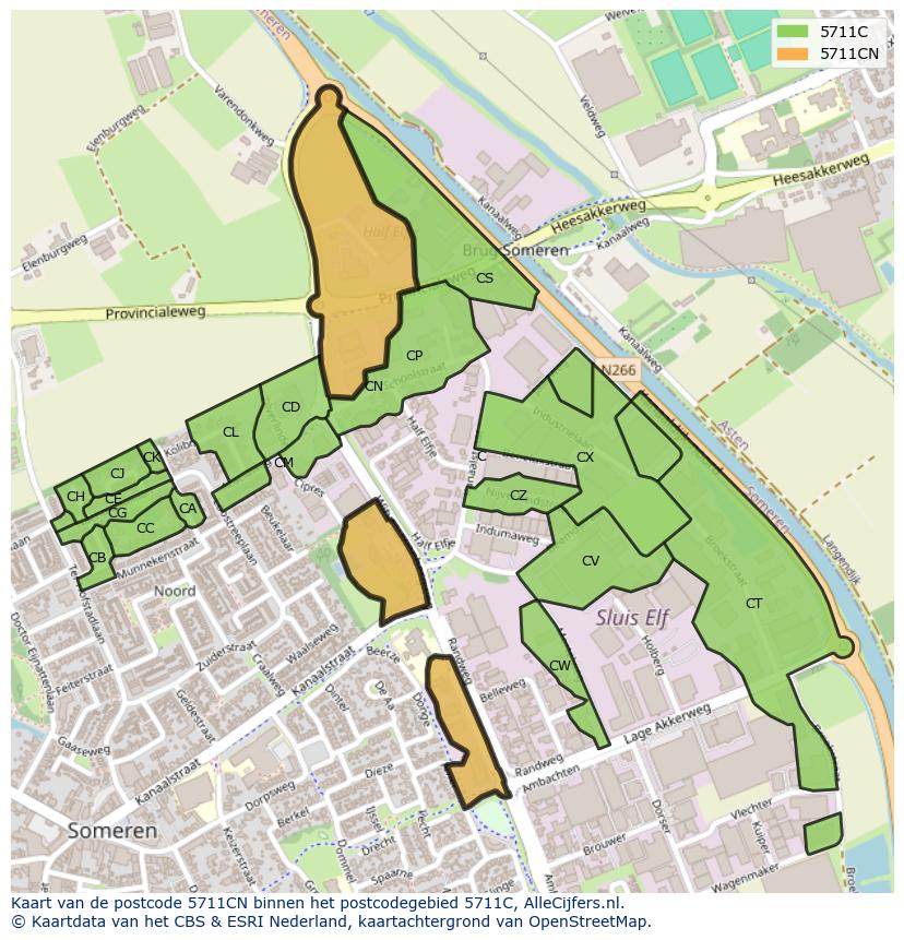Afbeelding van het postcodegebied 5711 CN op de kaart.