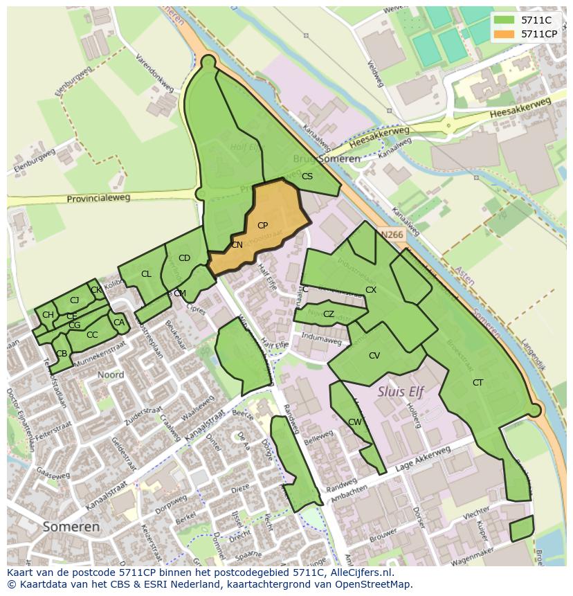 Afbeelding van het postcodegebied 5711 CP op de kaart.