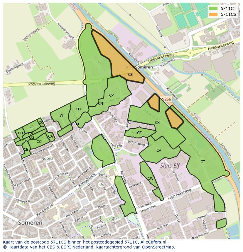Afbeelding van het postcodegebied 5711 CS op de kaart.