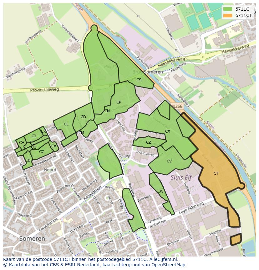 Afbeelding van het postcodegebied 5711 CT op de kaart.