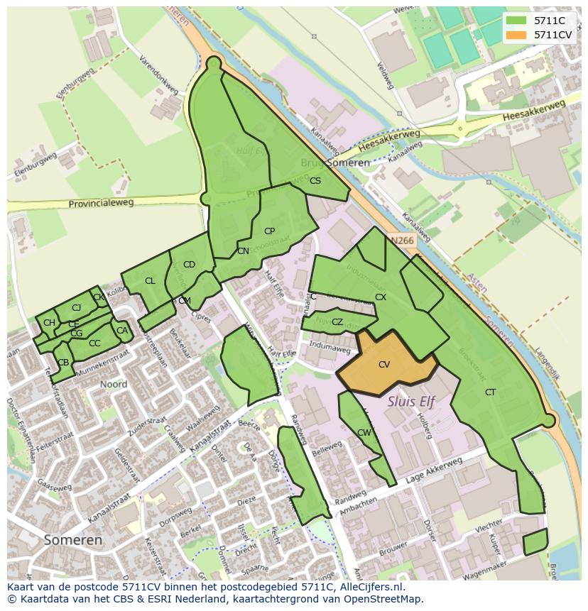 Afbeelding van het postcodegebied 5711 CV op de kaart.