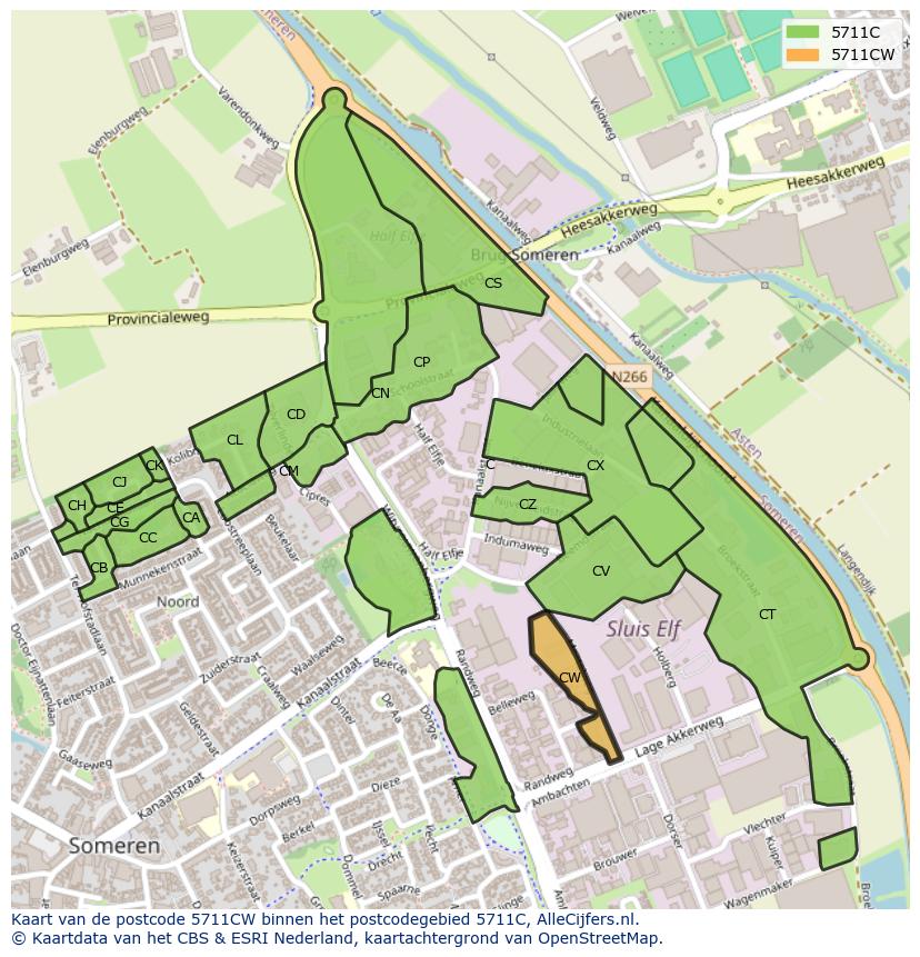 Afbeelding van het postcodegebied 5711 CW op de kaart.