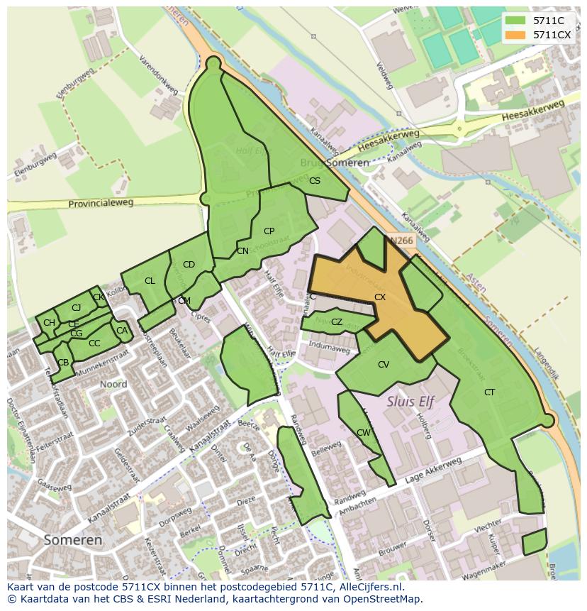 Afbeelding van het postcodegebied 5711 CX op de kaart.