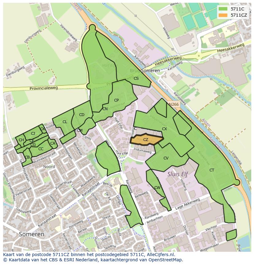 Afbeelding van het postcodegebied 5711 CZ op de kaart.