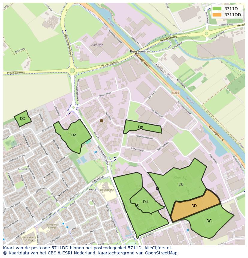 Afbeelding van het postcodegebied 5711 DD op de kaart.