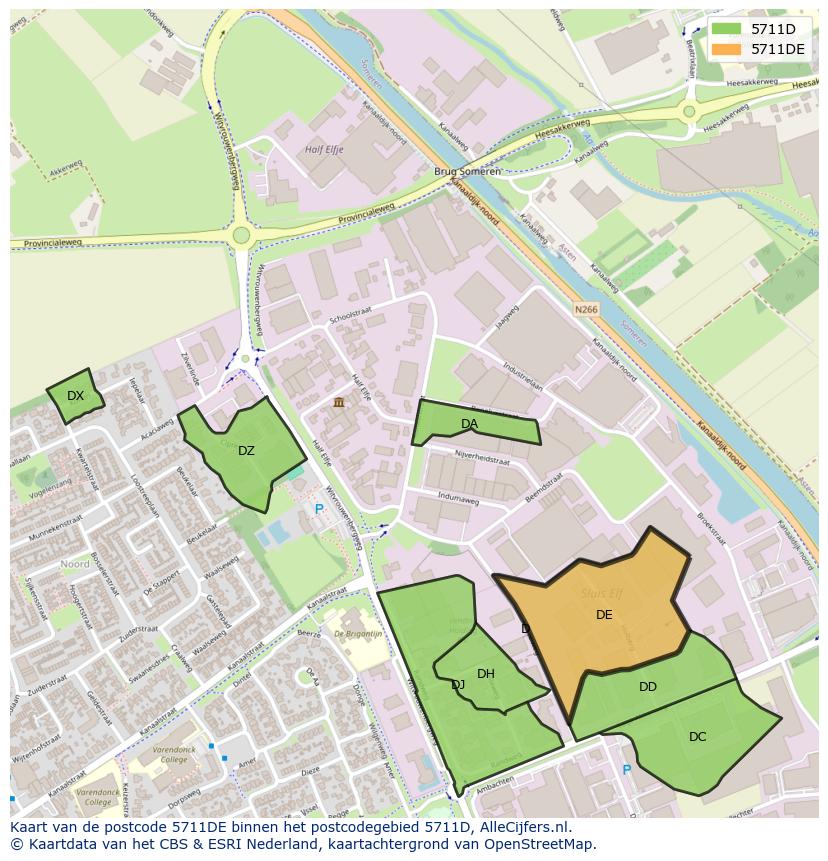 Afbeelding van het postcodegebied 5711 DE op de kaart.