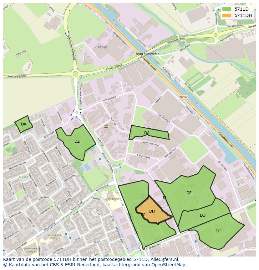 Afbeelding van het postcodegebied 5711 DH op de kaart.