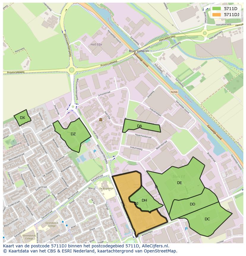 Afbeelding van het postcodegebied 5711 DJ op de kaart.