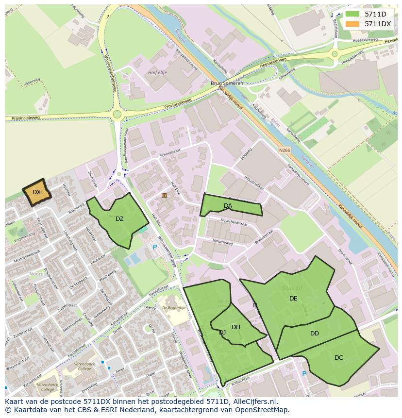 Afbeelding van het postcodegebied 5711 DX op de kaart.