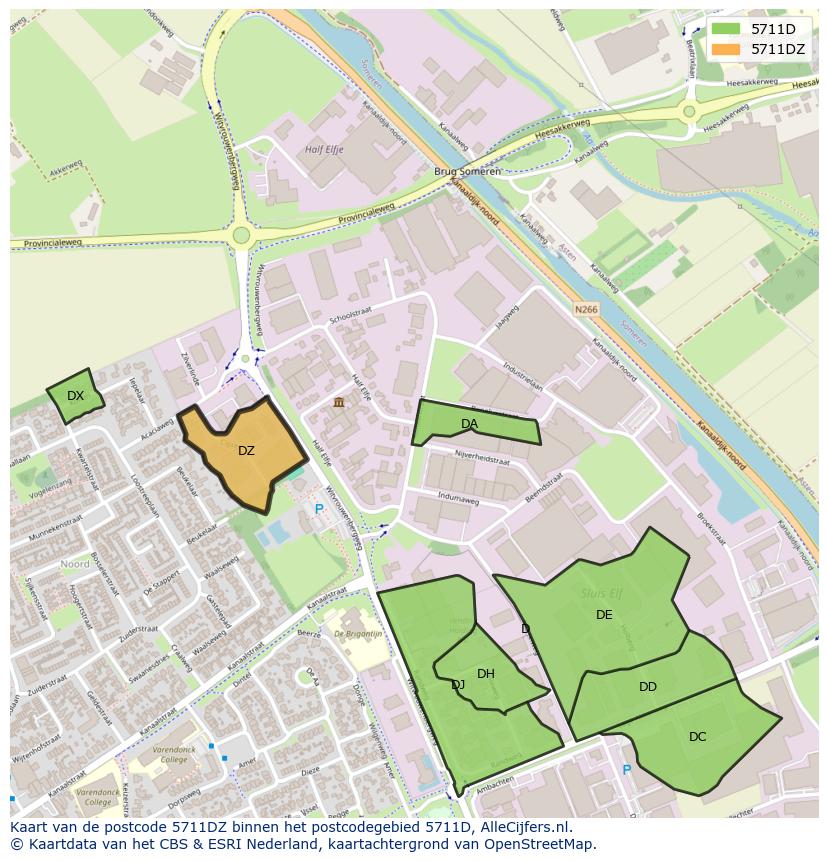 Afbeelding van het postcodegebied 5711 DZ op de kaart.