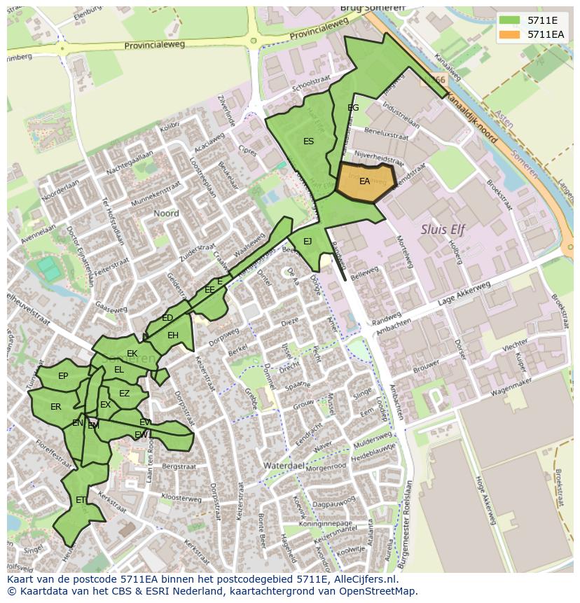 Afbeelding van het postcodegebied 5711 EA op de kaart.