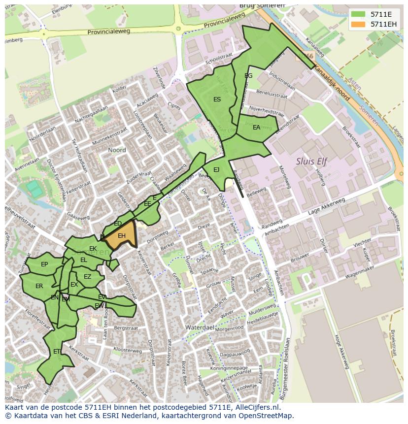 Afbeelding van het postcodegebied 5711 EH op de kaart.