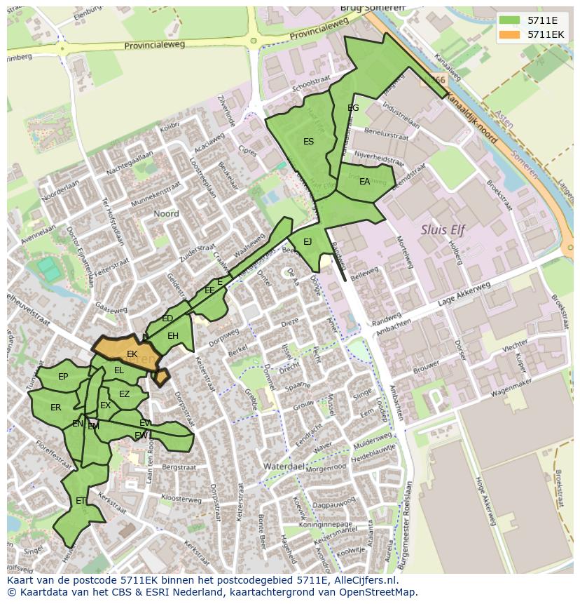 Afbeelding van het postcodegebied 5711 EK op de kaart.
