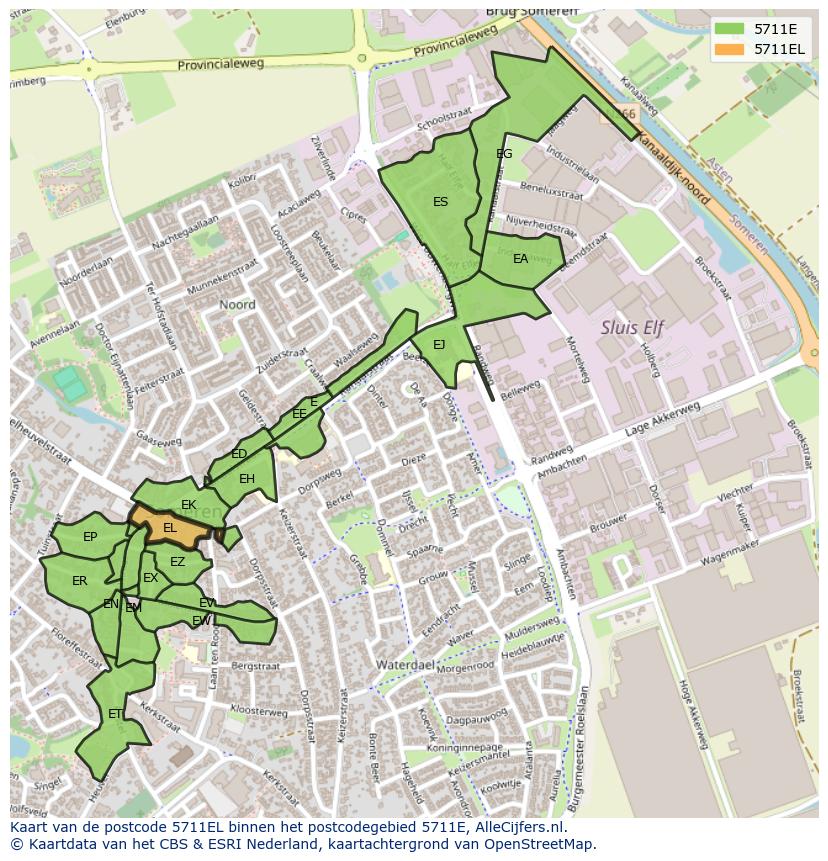 Afbeelding van het postcodegebied 5711 EL op de kaart.