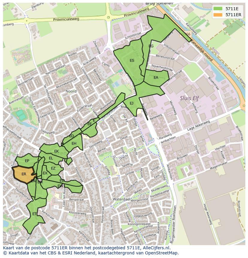 Afbeelding van het postcodegebied 5711 ER op de kaart.
