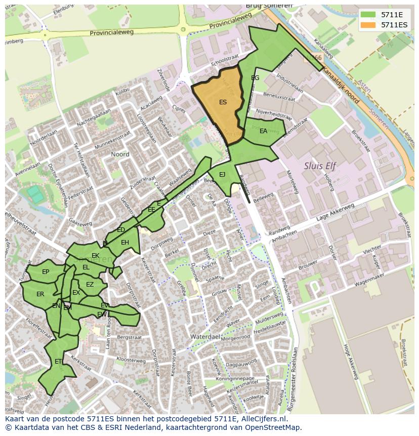Afbeelding van het postcodegebied 5711 ES op de kaart.