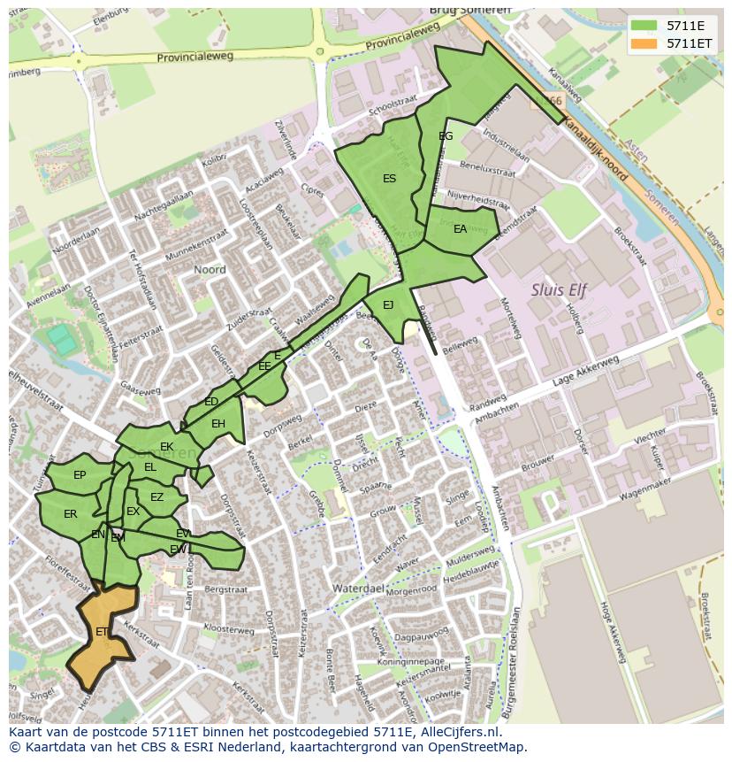 Afbeelding van het postcodegebied 5711 ET op de kaart.