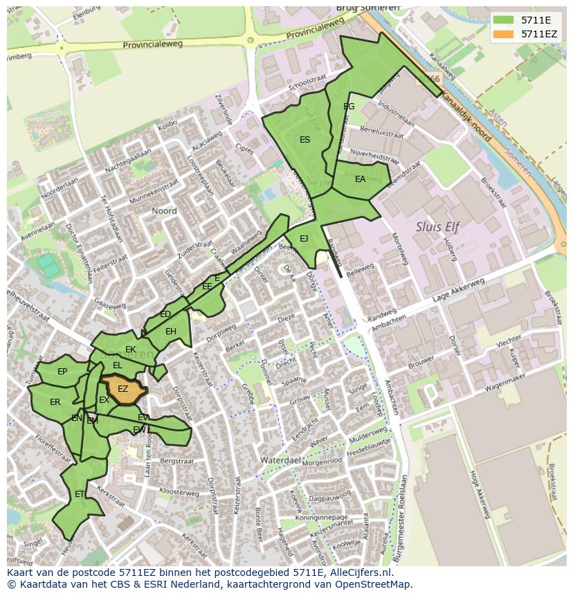 Afbeelding van het postcodegebied 5711 EZ op de kaart.