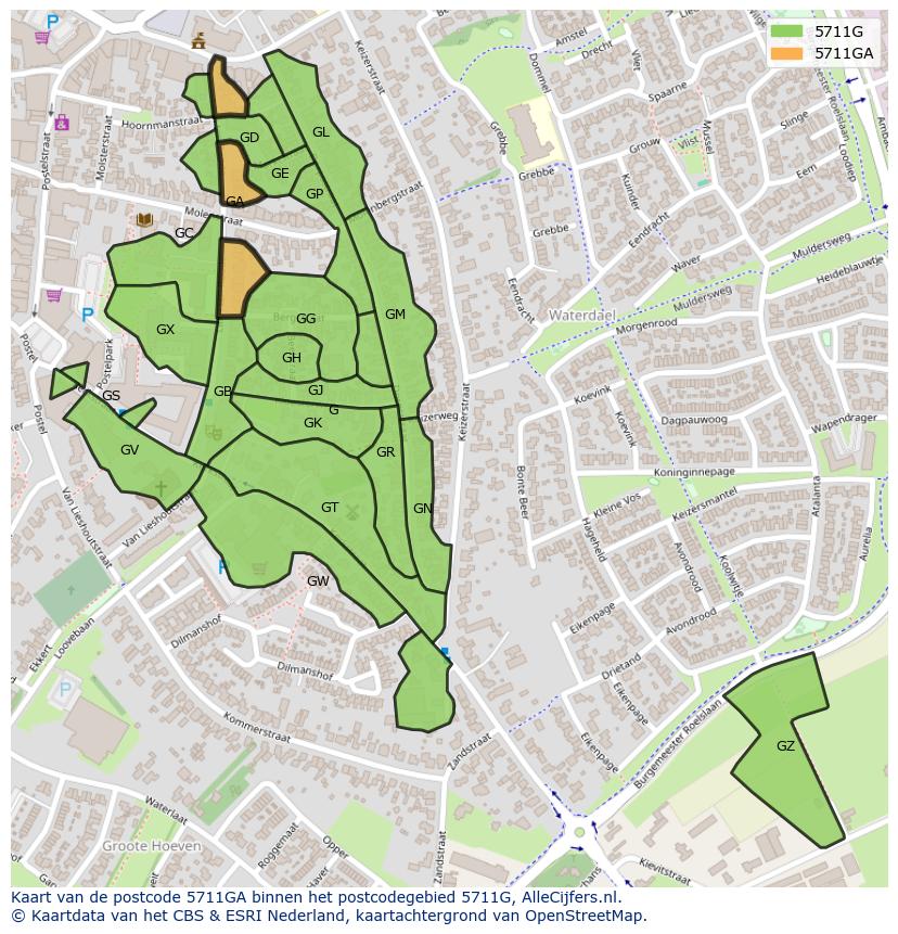 Afbeelding van het postcodegebied 5711 GA op de kaart.