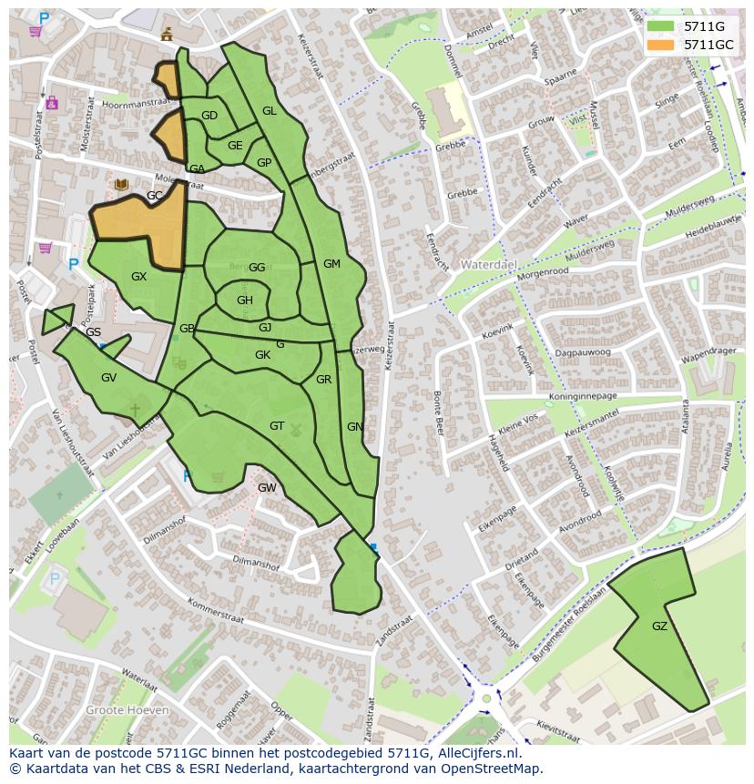 Afbeelding van het postcodegebied 5711 GC op de kaart.