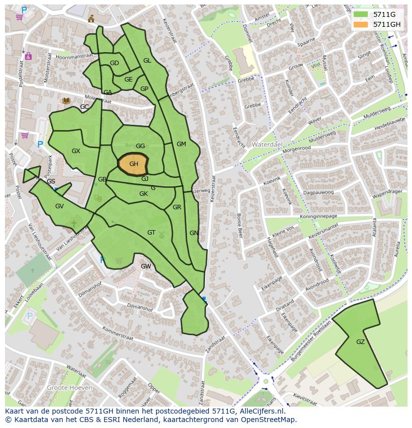 Afbeelding van het postcodegebied 5711 GH op de kaart.