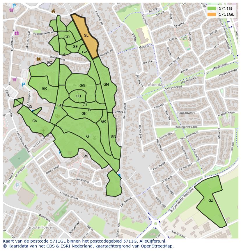 Afbeelding van het postcodegebied 5711 GL op de kaart.