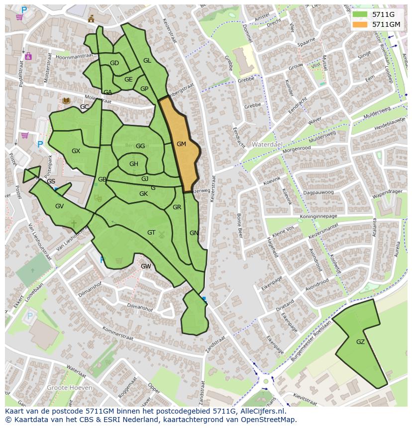 Afbeelding van het postcodegebied 5711 GM op de kaart.