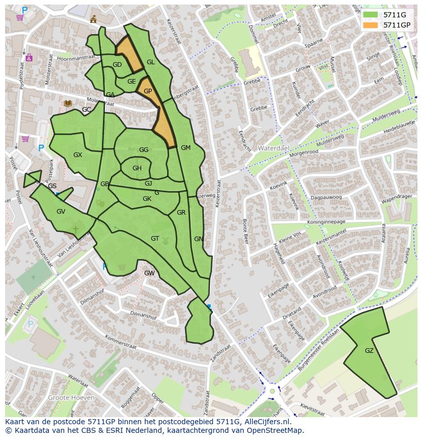Afbeelding van het postcodegebied 5711 GP op de kaart.
