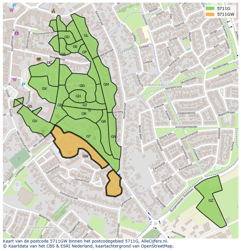 Afbeelding van het postcodegebied 5711 GW op de kaart.